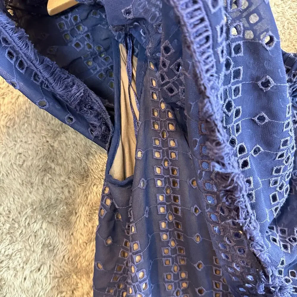 Anthropologie Ranna Gill Tiered Eyelet Off Shoulder Ruffle Romper L Large Blue